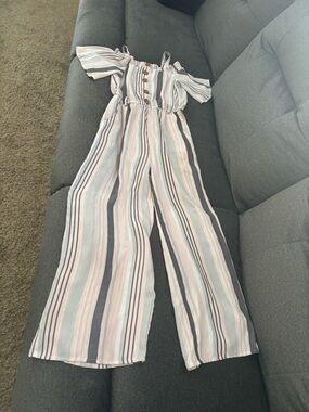 Girls Striped Off-Shoulder Jumpsuit in Pastel Stripe